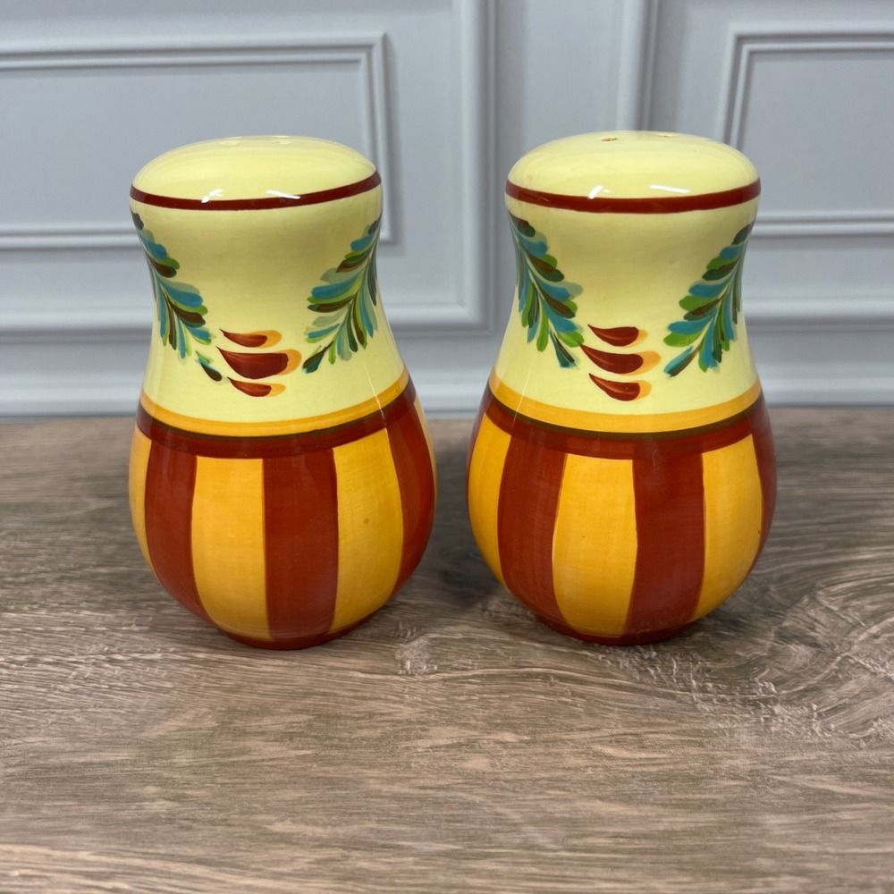 Ceramic‎ Salt Pepper Shakers Yellow Red Striped Floral Design Kitchen